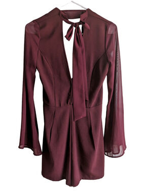 Solemio Womens Burgundy Plunge Neck Romper Sheer Bell Sleeve Zip Back Neck Tie S